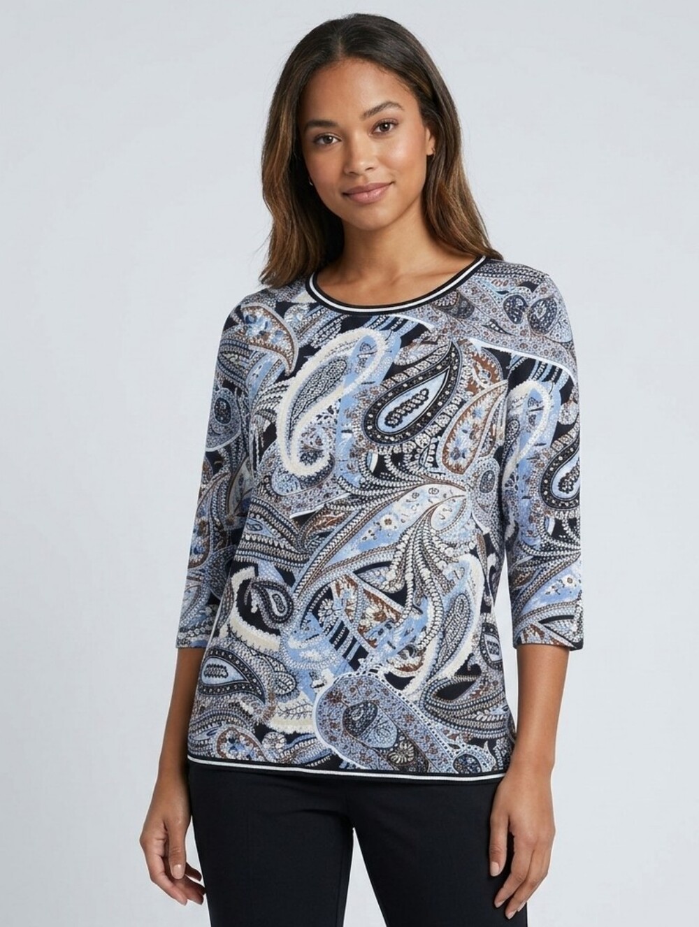 Olsen M-L 12 Clara Blue Paisley Scoop Neck Top Relaxed Fit Cotton & Modal